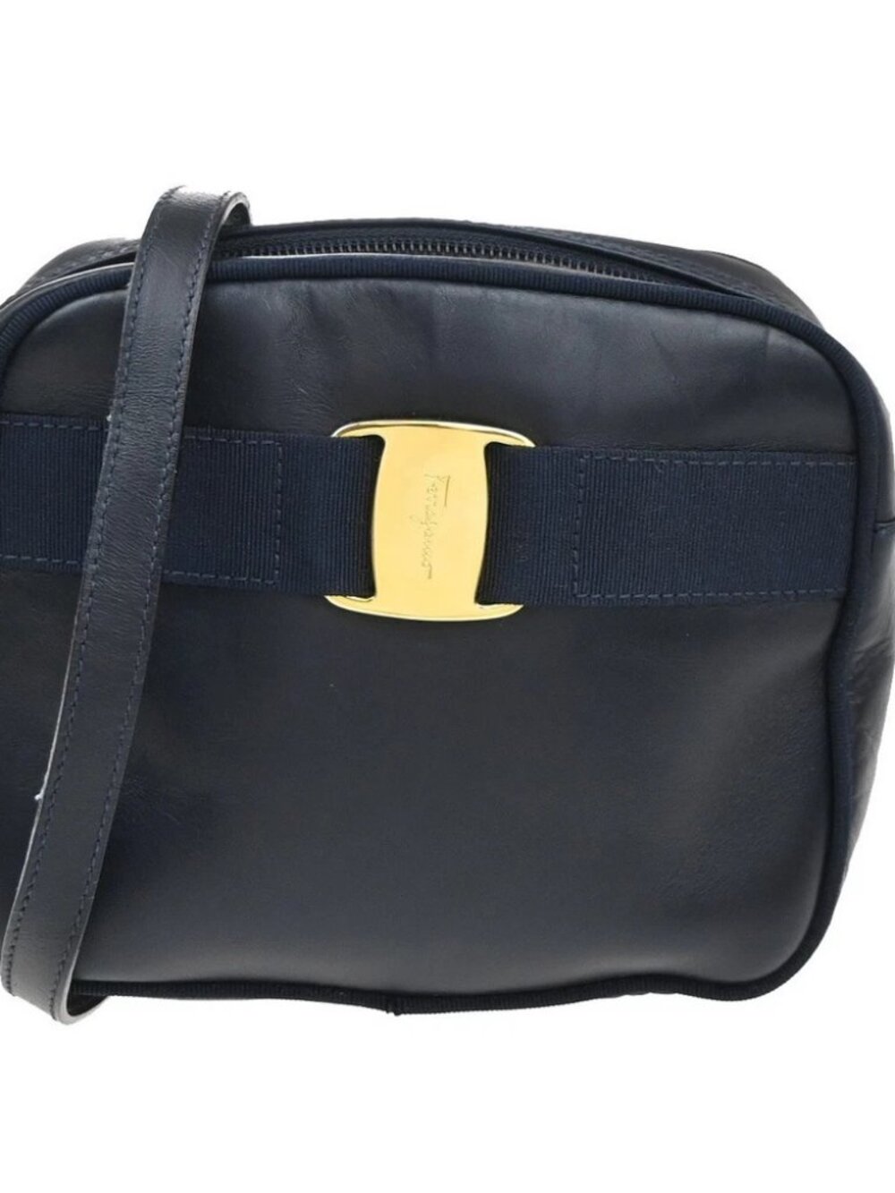 SALVATORE FERRAGAMO Logo Vara Shoulder Bag Leather Navy Blue GHW Italy 09MA547